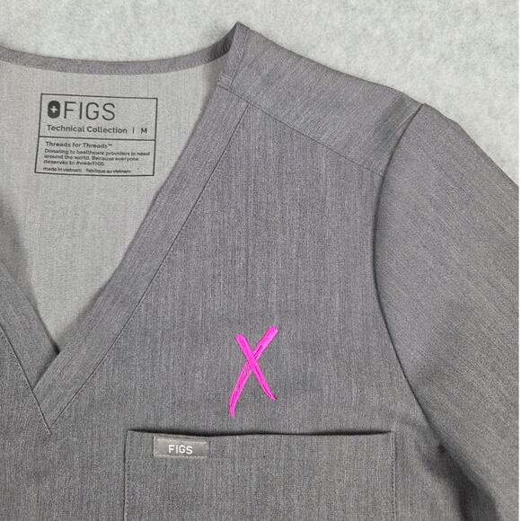 Figs Scrub Top Womens Medium Technical Collection Gray One Pocket Pink Ribbon - Picture 7 of 13
